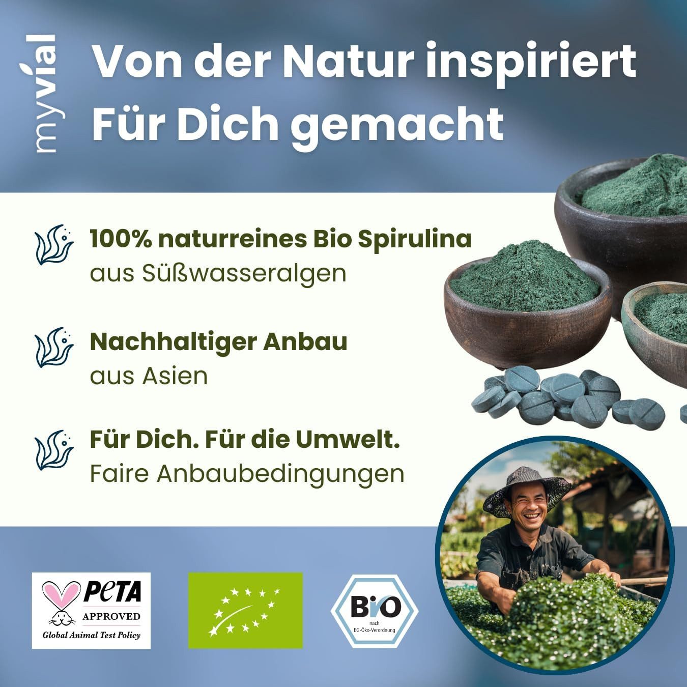 myvial Bio Spirulina Tabletten - naturrein - ohne Zusätze - Tabletten, 240 vegane Tabletten, 100% Spirulina (Arthrospira platensis) à 240 St., plastikfrei verpackt, 40 Tage Vorrat, höchste Qualität