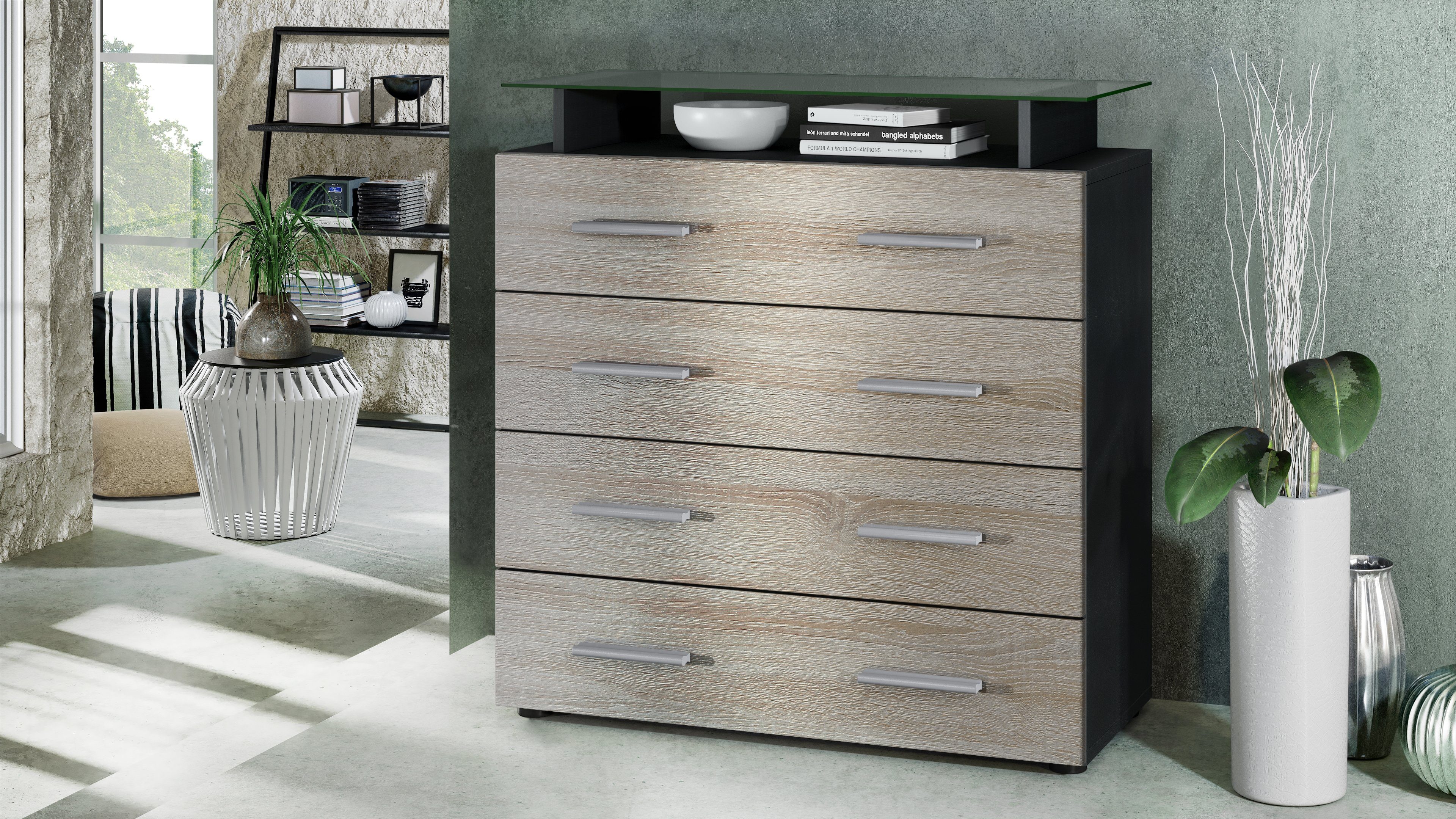 Vladon Kommode Pavos V2 (Kommode, mit 4 Schubladen und Glasablage), Schwarz matt/Eiche sägerau (76 x 81 x 35 cm)