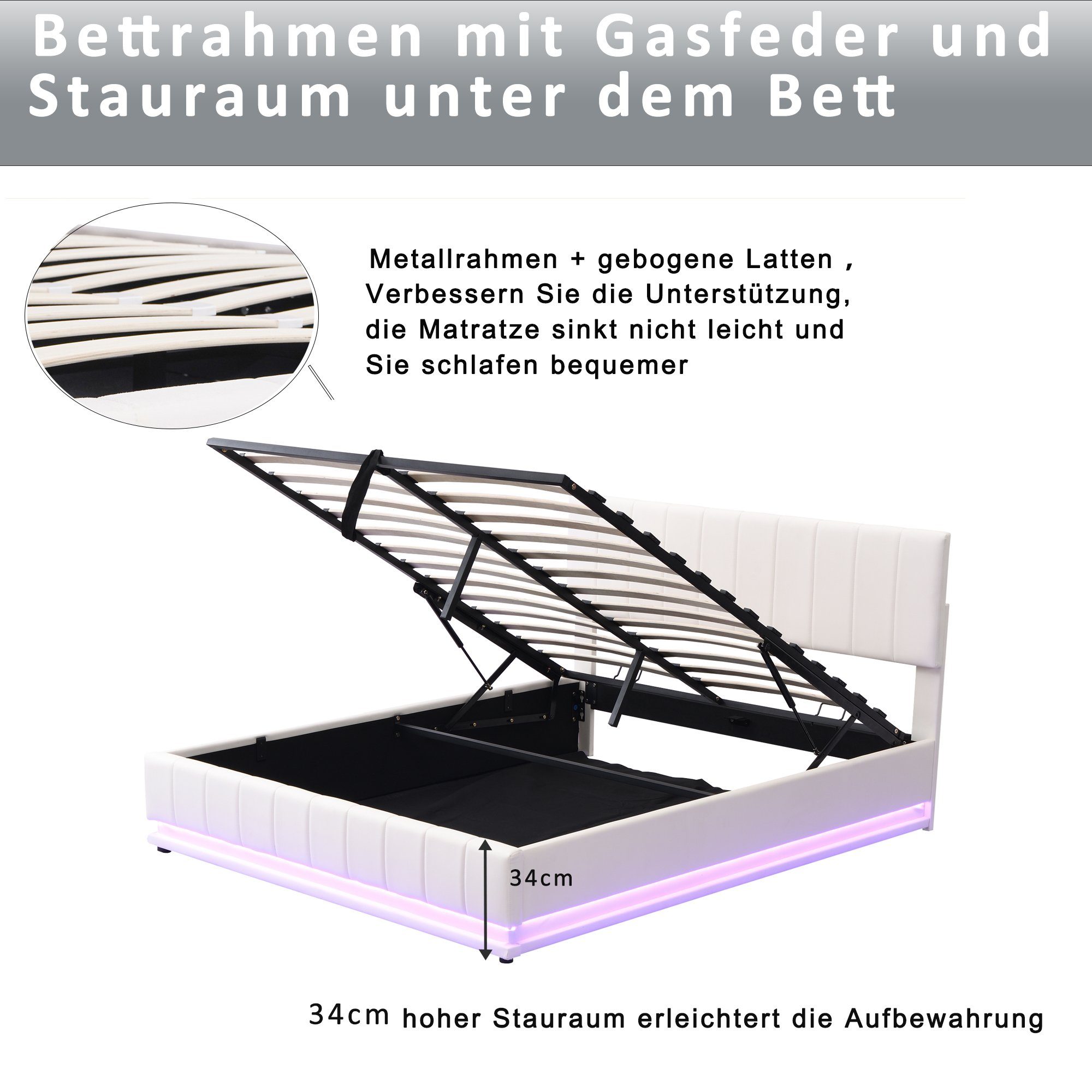 Boxspringbett (LED Hydraulisches Bett mit Bettkasten und Lattenrost), Polsterbett Stauraumbett 160x200 cm, Kunstleder