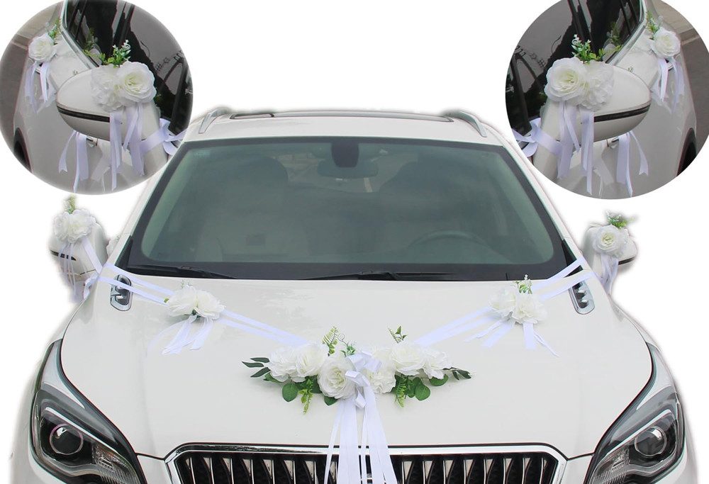 Kunstblume Premium Autoschmuck Hochzeit Motorhaube, Auto Schmuck Braut, Diwzbyn, Hochzeitsauto Dekorationsset mit Extrastarken Saugnäpfen und Band