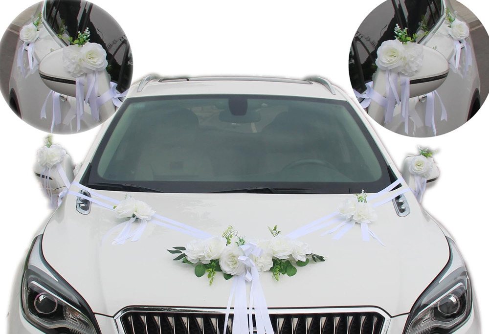 Kunstblume Premium Autoschmuck Hochzeit Motorhaube, Auto Schmuck Braut, Diwzbyn, Hochzeitsauto Dekorationsset mit Extrastarken Saugnäpfen und Band
