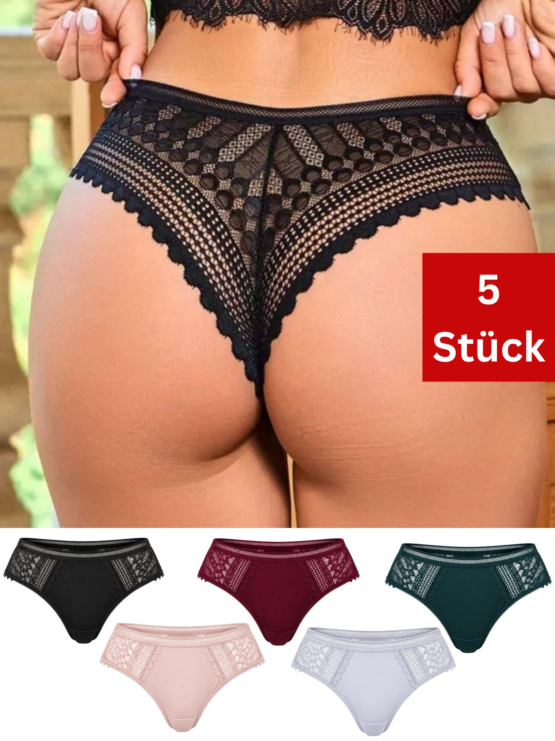 Elegant Love Brasilslip Damen Slip mit Spitze – feminine Unterwäsche mit schmalem Rückteil (Packung, 5-St., 5er-Pack) Hüftpanty mit …