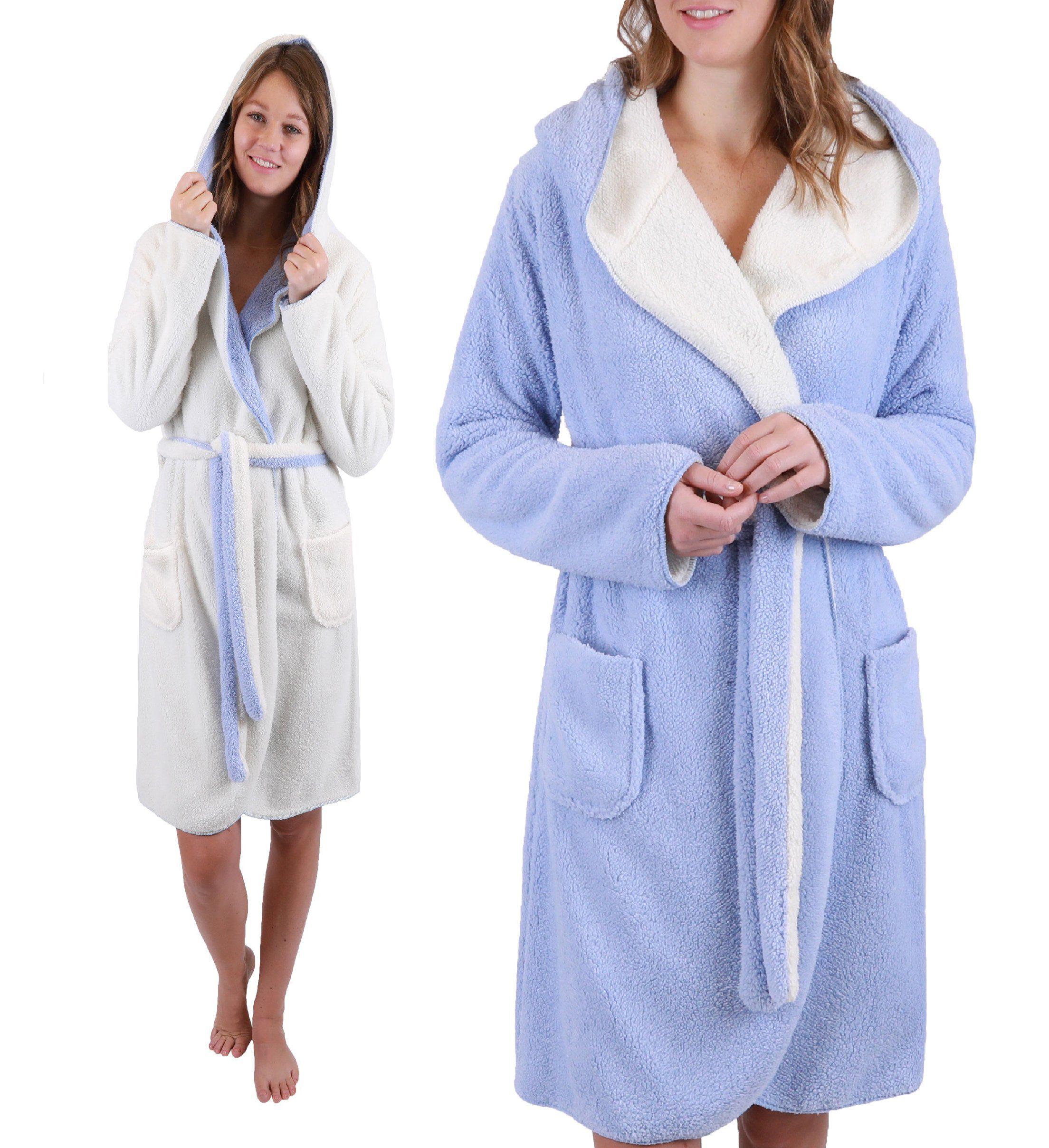Betz Bademantel Wendebademantel KIEL Saunamantel mit Kapuze, 100% Polyester, Kapuze, Gurtel, Bindegürtel sowie 2 aufgesetzte Taschen