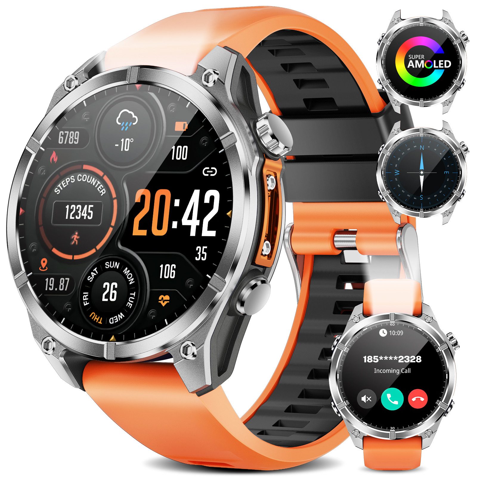 Yuede Smartwatch Herren mit Telefonfunktion & AI chat, Sportuhr mit Kompass Smartwatch (1,43-Zoll-AMOLED-HD-Bildschirm aus gehärtetem Glas mit Strahlenschutz Zoll) 2025 Neue AMOLED 3ATM Outdoor Sportuhr wasserdichte mit LED, Fitnessuhr mit Barometer, Höhenmessung, Schrittzähler, Schlaf, Gesundheitsüberwachung, Herrenuhr mit Bluetooth 5.3 für Android/iOS