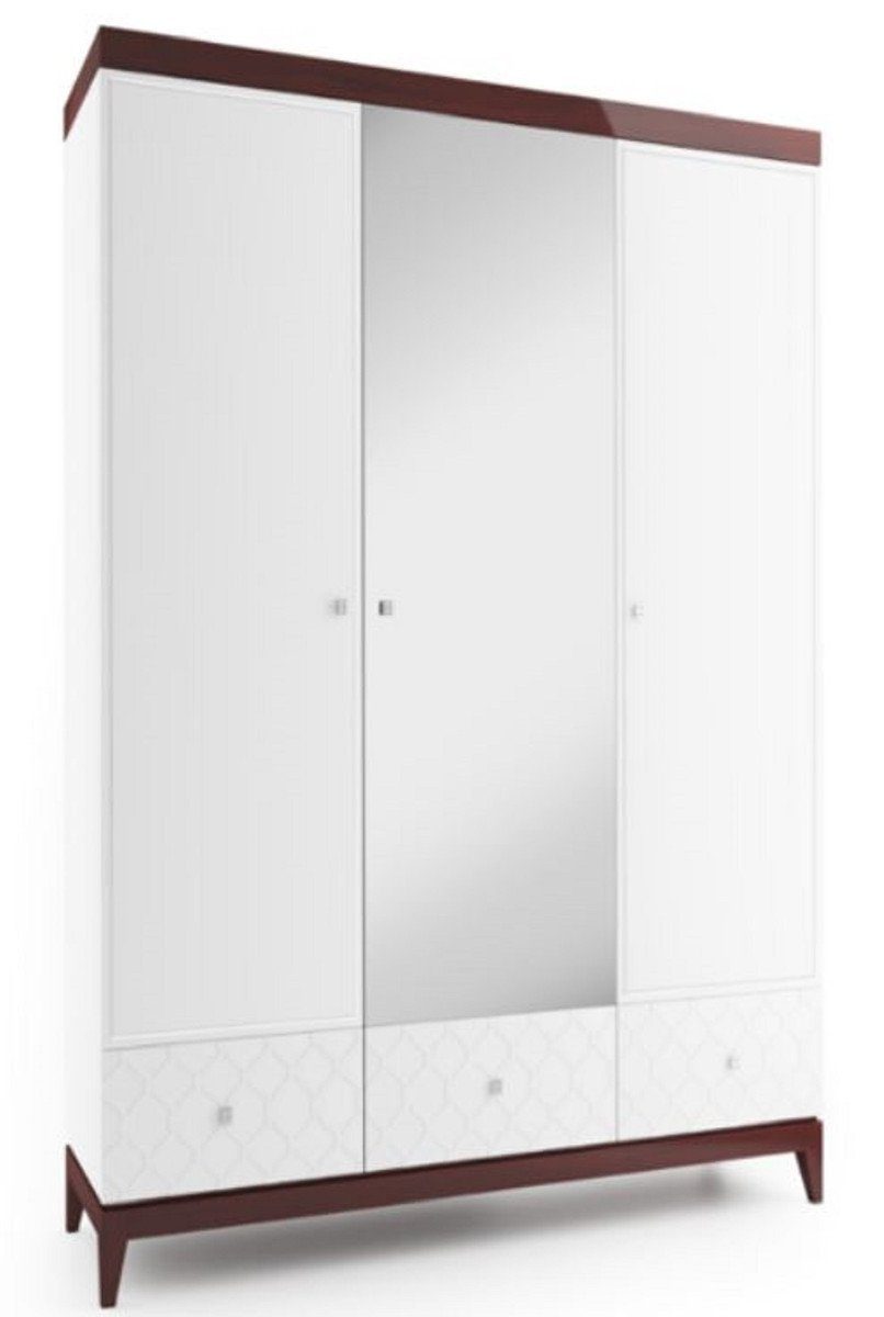Casa Padrino Kleiderschrank Luxus Kleiderschrank Weiß / Hochglanz Braun 171,4 x 60 x H. 205 cm - Massivholz Schlafzimmerschrank mit Spiegel - Schlafzimmermöbel