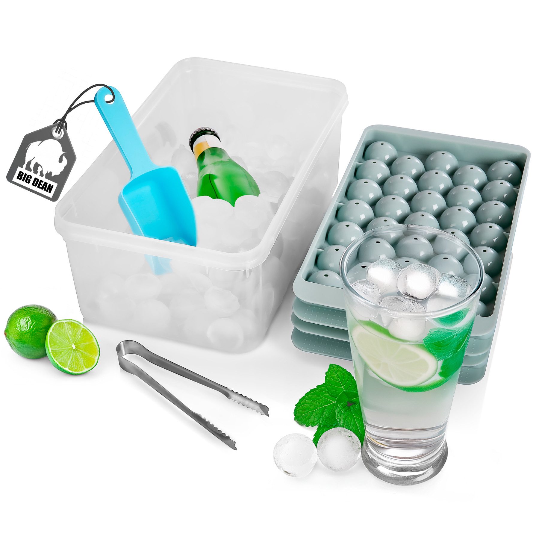 BigDean Eiswürfelform für 66 runde Eiskugeln – Set mit Deckel, Box, Schaufel & Zange, (Set 4-tlg), Maximale Ausbeute, Full-Service-Set, Lebensmittelecht