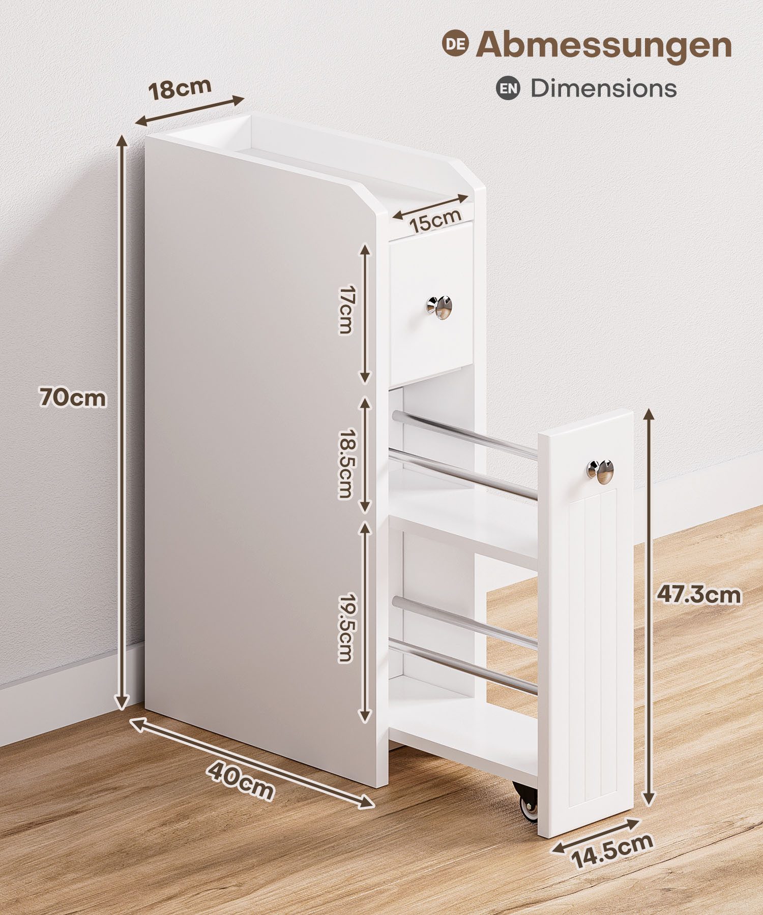 Yorbay Badkommode Badezimmerschrank Toilettenschrank, mit Schubladen für schmale Nischen, 18x40x70 cm – Bild 5 von 5