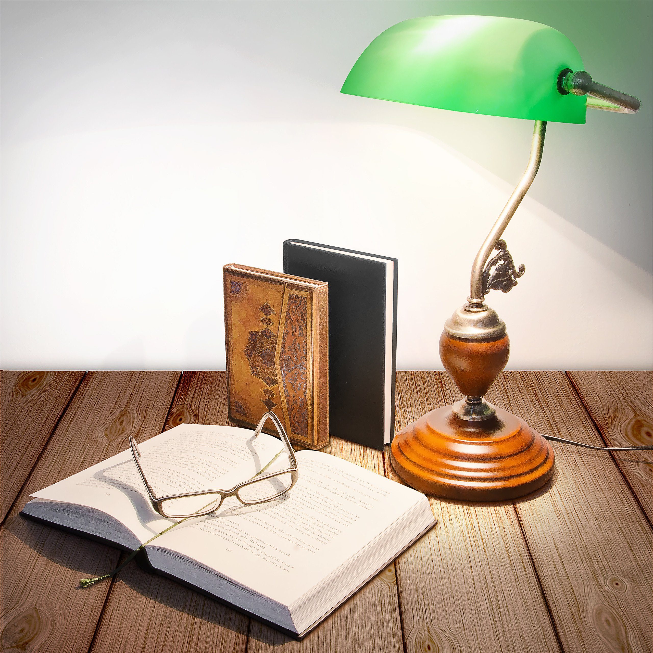 relaxdays Schreibtischlampe Bankerlampe JONES mit Holzfuß günstig online kaufen