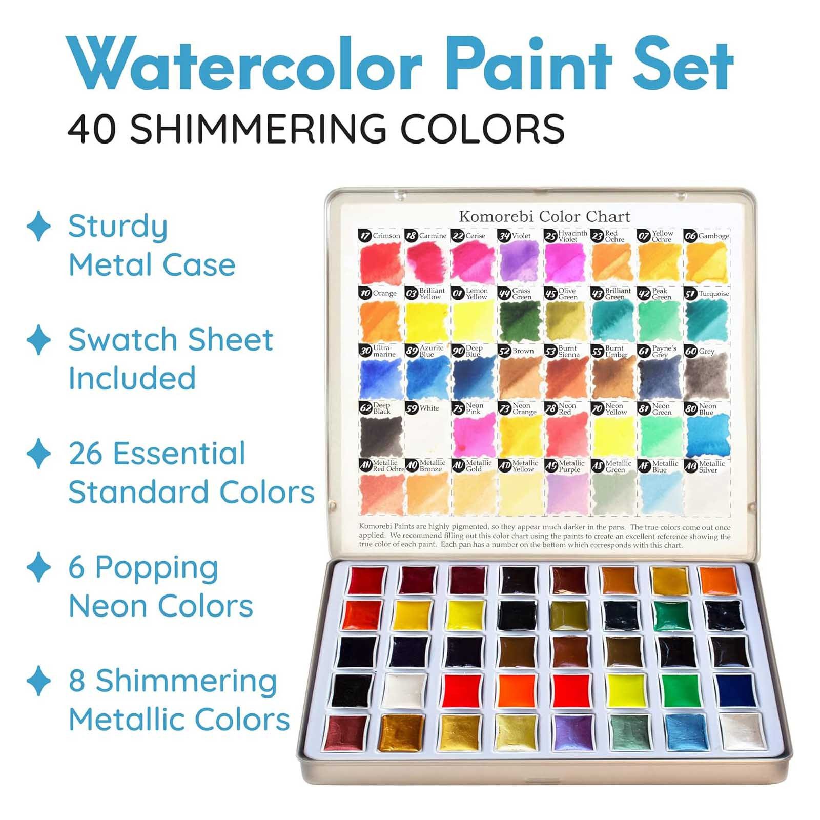 MozArt Supplies Wasserfarbe Aquarellfarben-Set Aquarellkasten Wasserfarben Kasten, 40 lebendige Farben in Metallbox