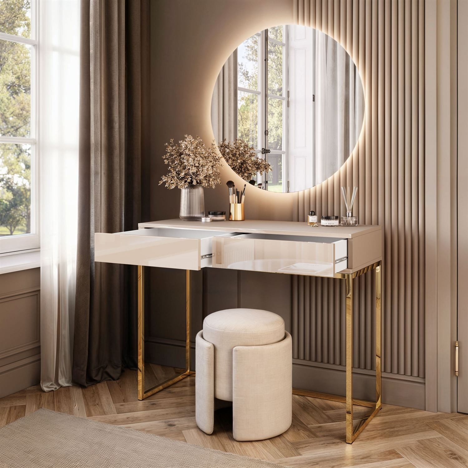 Lookway Schminktisch BLANCO GLAMOUR KASCHMIR auf goldchromenen Gestell mit LED-Spiegel (1x Konsole, 1x Spiegel mit Led Beleuchtung), Breite: 100 cm