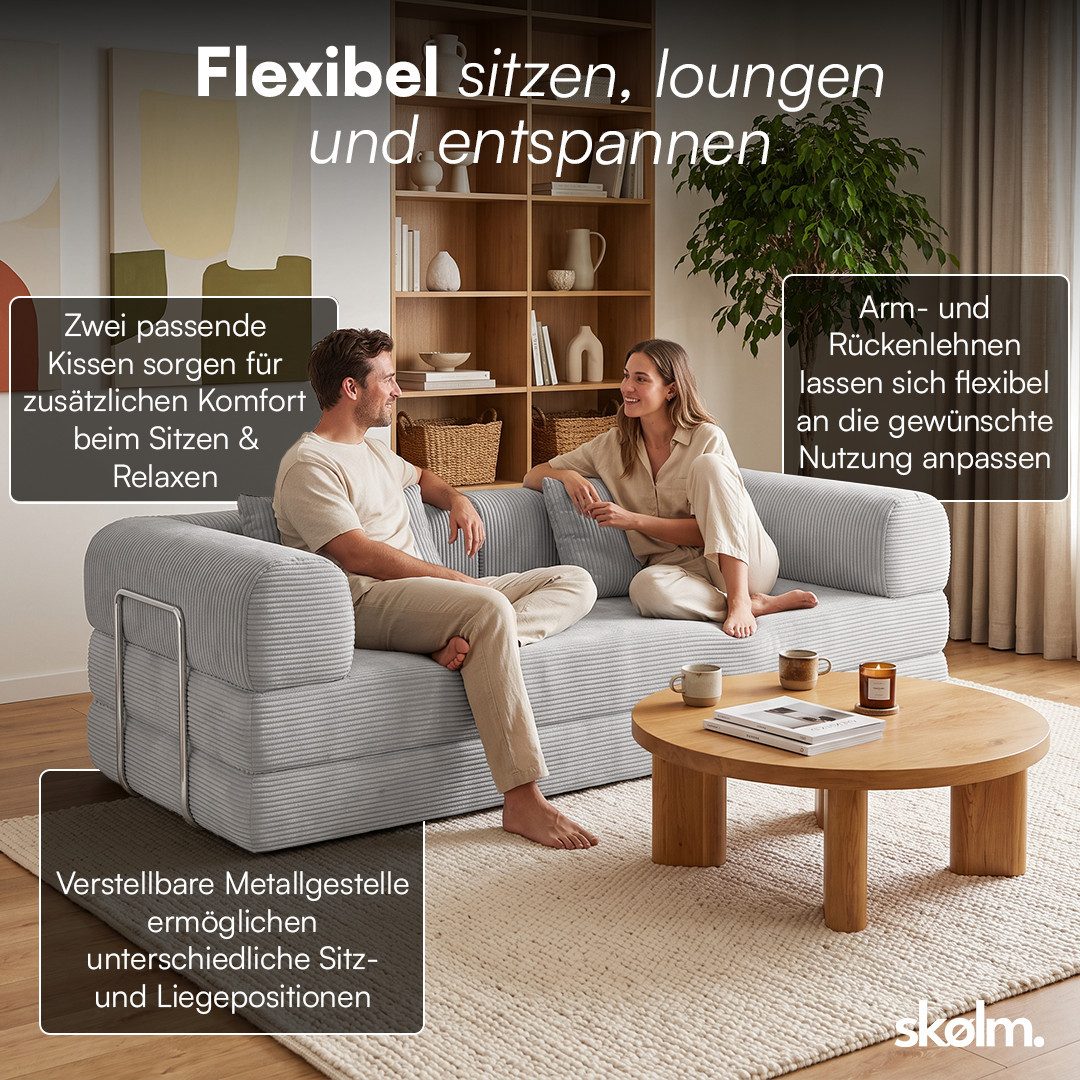 skølm Sofa & Sessel Lofn aus Vollschaum Cord, umwandelbar zum Schlafsofa/-Sessel, Hellgrau, Cordsofa 200 cm breit, 2 Sitzer, kein Aufbau erforderlich, vakuumier – Bild 4 von 5