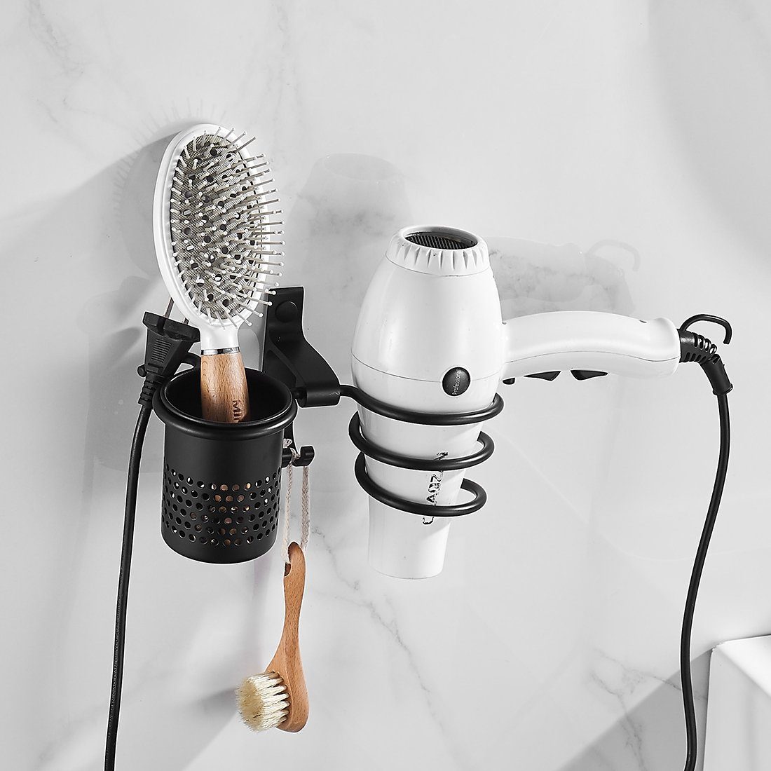 tlg., Korb, Haarpflegewerkzeuge oder Badezimmer Haartrocknerhalter mit Haken Installation Badaccessoire-Set Bohren mit Fönhalter Schwarz EMKE für Selbstklebende für 1