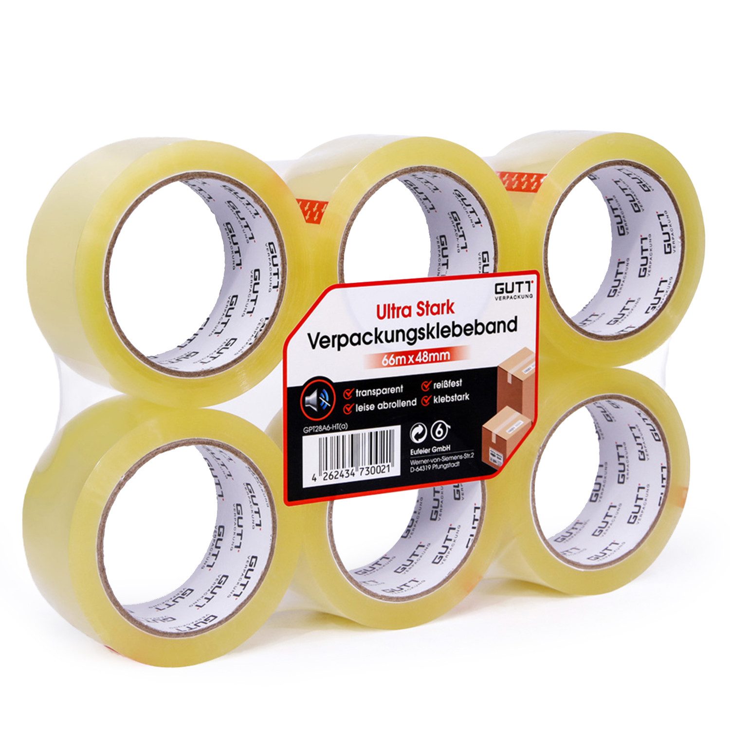 Paket-Klebeband Packband Klebeband Transparent, Paketklebeband 48mm x 66m, 6 Rollen