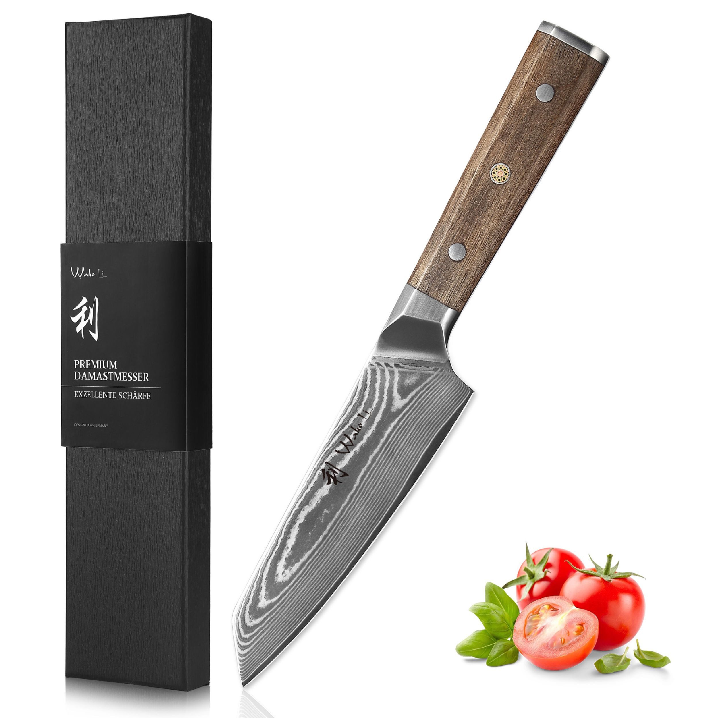 Wakoli Asiamesser Damast Kiritsuke Küchenmesser 15 cm Klinge Full Tang Walnussholzgriff, Damaststahl, Full Tang, VG-10