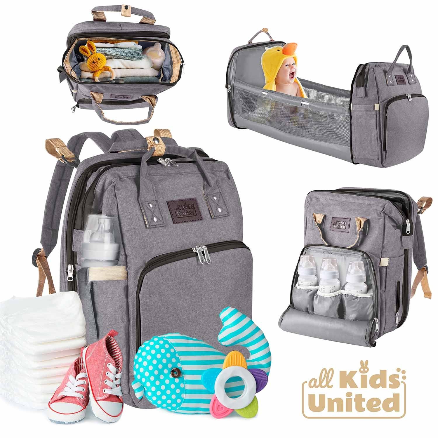 all Kids United Wickelrucksack ALL KIDS UNITED Deluxe Baby Rucksack – 2-in-1 Baby Rucksack mit Bett (Set, Baby-Rucksack, Wickelauflage, integriertem Babybett, Kinderwagen-Haken)