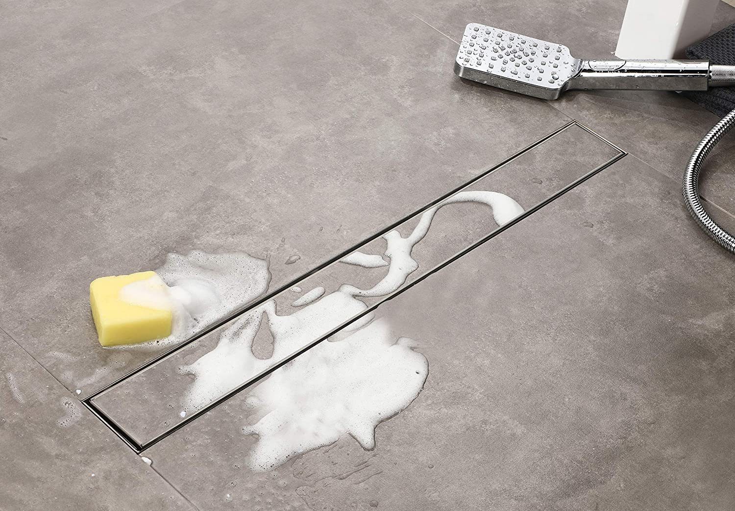 Elbe Duschrinne 60-90 cm, Komplett-Sat, Sockel aus rostfreiem Stahl und geriffelter Deckel aus rostfreiem Stahl, Kann gefliest werden Geruchssicher Korrosionsresistent Rostbeständig 90 cm