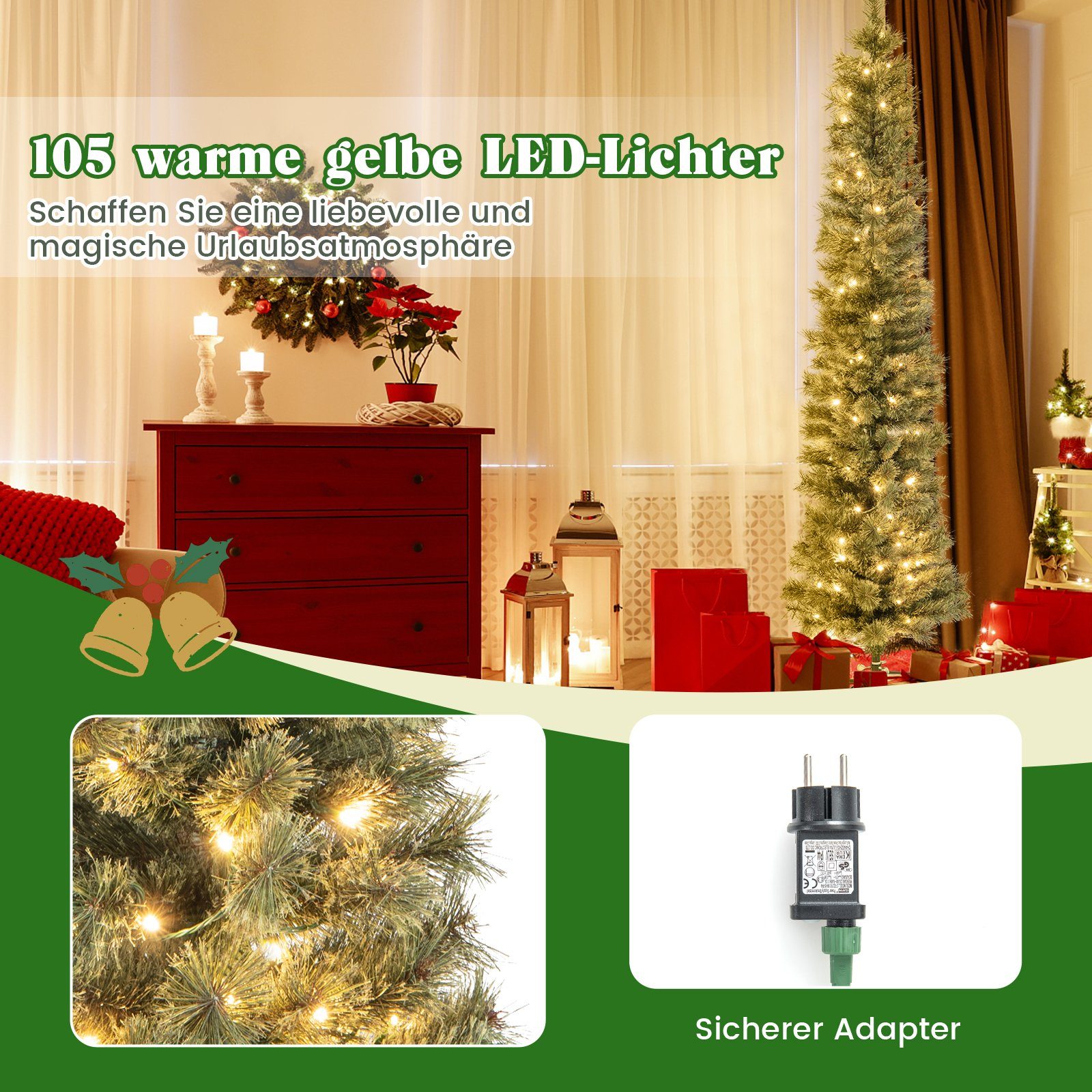 105 Künstlicher LEDs 180cm COSTWAY Bleistift Tannenbaum mit Weihnachtsbaum,