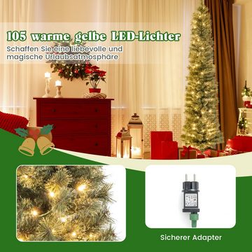 COSTWAY Künstlicher Weihnachtsbaum, 180cm Bleistift Tannenbaum mit 105 LEDs