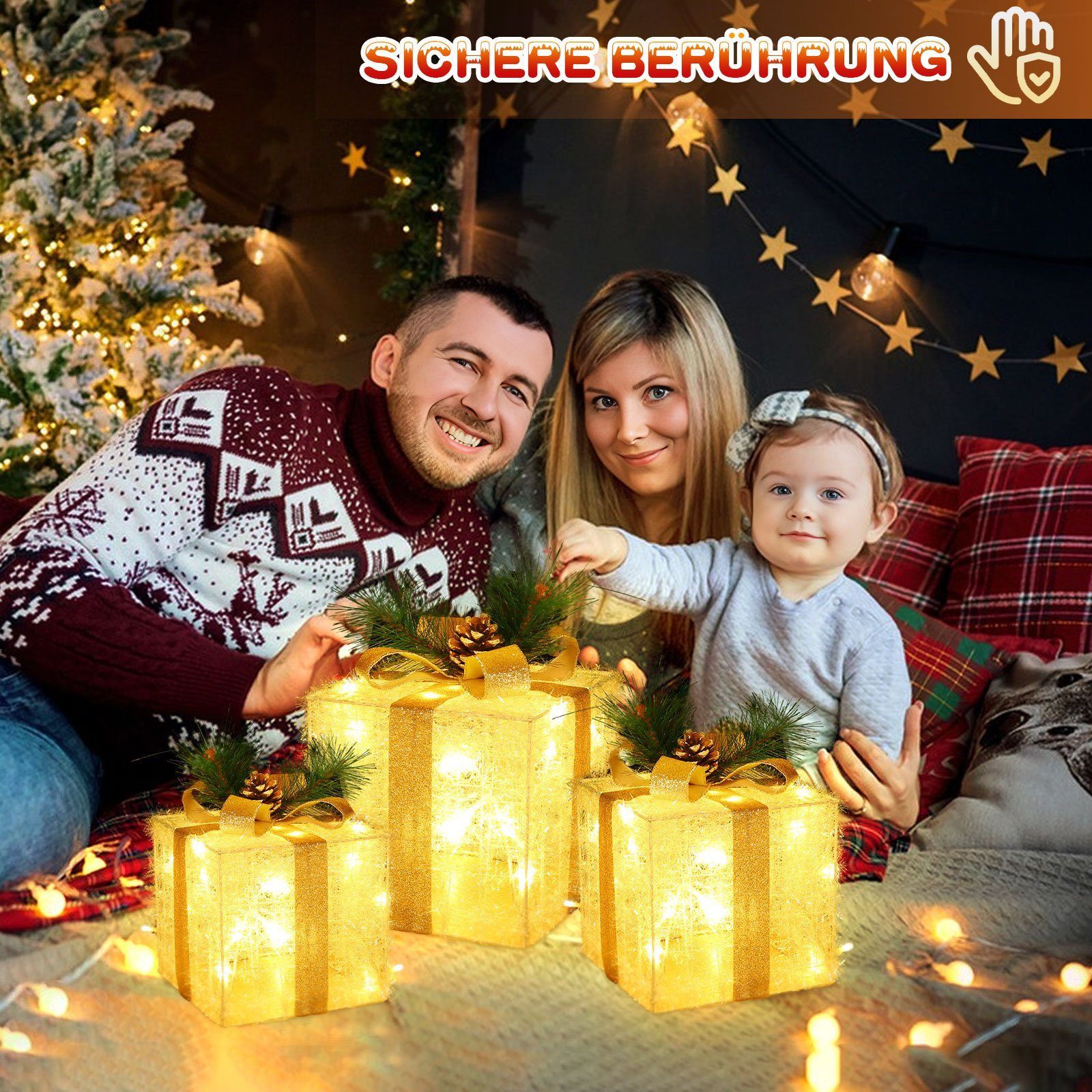Quntis Weihnachtsfigur 3er Set LED Geschenkbox Weihnachten, Weihnachtsdeko mit Stecker, Timer (3 St), 60 warmweiße LEDs, Weihnachtsbeleuchtung für Baum, Fenster – Bild 4 von 5