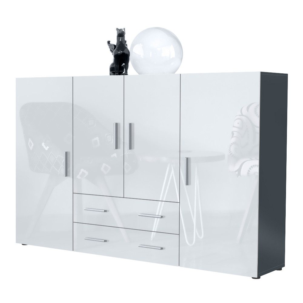 Vladon Highboard Nora (Anrichte mit 2 Выдвижные ящики und 4 Türen, mit insgesamt 8 Fächer dahinter), Anthrazit matt/Weiß Hochglanz (166,5 x 106,5 x 35 cm)