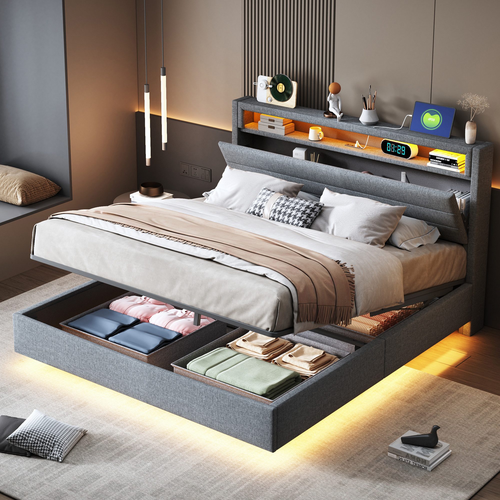 Flieks Polsterbett, LED hydraulisches Schwebebett Doppelbett günstig online kaufen