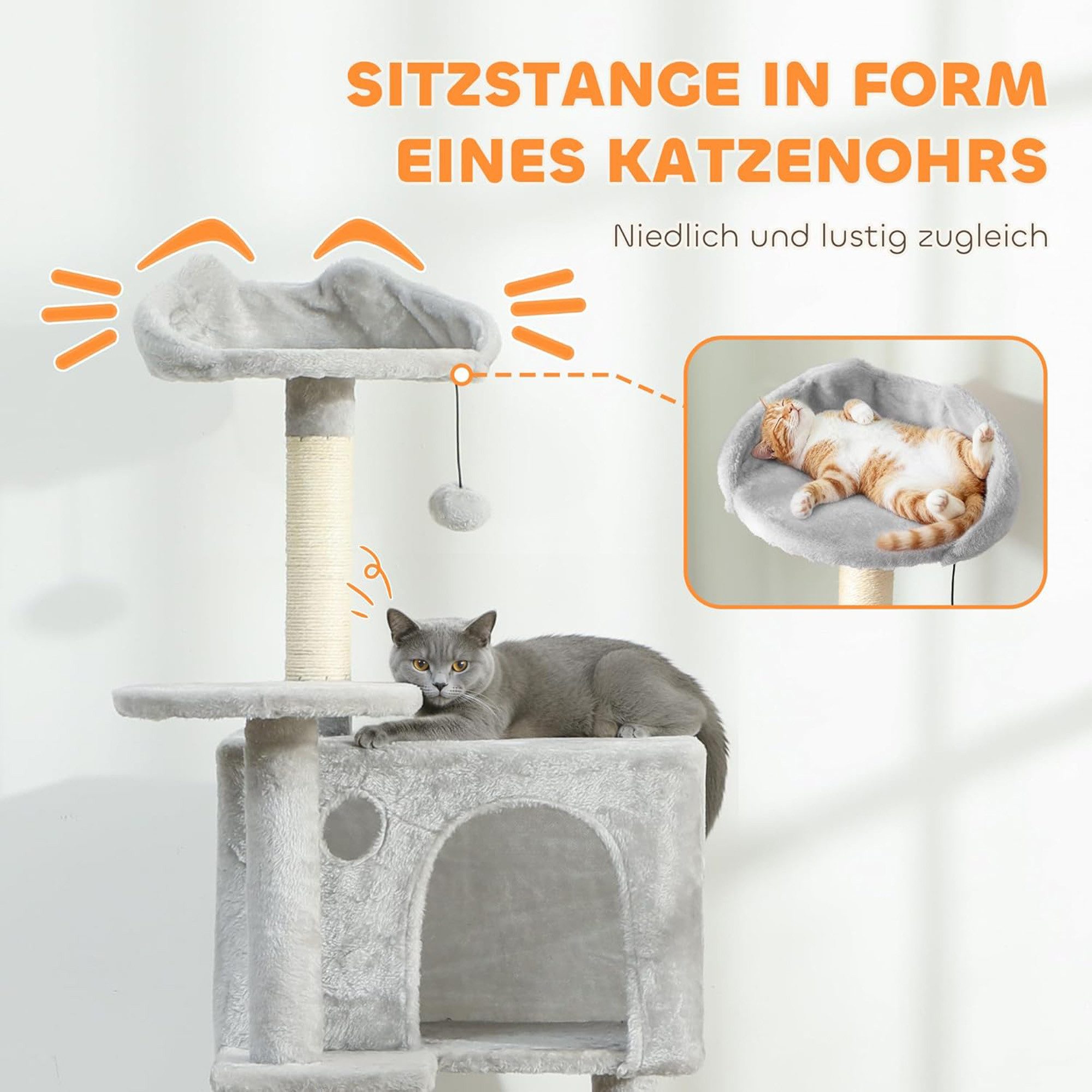 ibettertec Katzen-Kletterwand Kratzbaum 160cm Hellgrau mit Höhlen & Sisal, für 1-3 Katzen, mit 2 Höhlen Korb Hängematte 2 Bällen atzenbett mit Katzenmuster