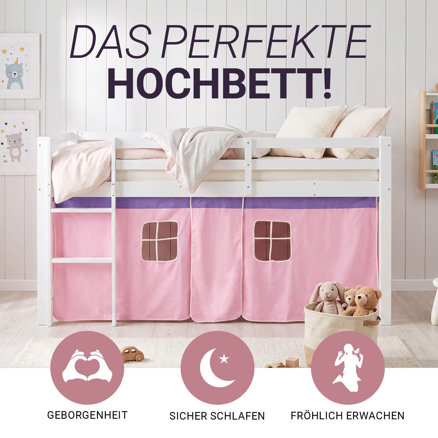 Homestyle4u Hochbett Kinder mit Rutsche mit / ohne Matratze 90x200 Rosa Mädchen (Spar-Set, Matratze mit OEKO-TEX® Standard 100) Kiefer, Jungen Mädchen – Bild 2 von 5