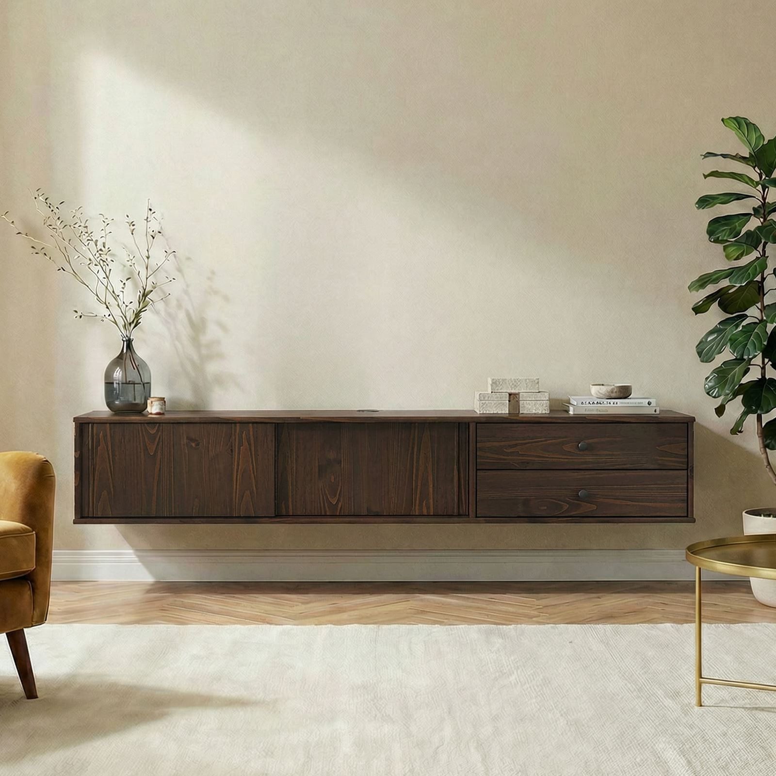 IDIMEX Lowboard SIMONA, TV Lowboard hängend aus Massivholz mit 2 Schiebetüren Nussbaum Finish