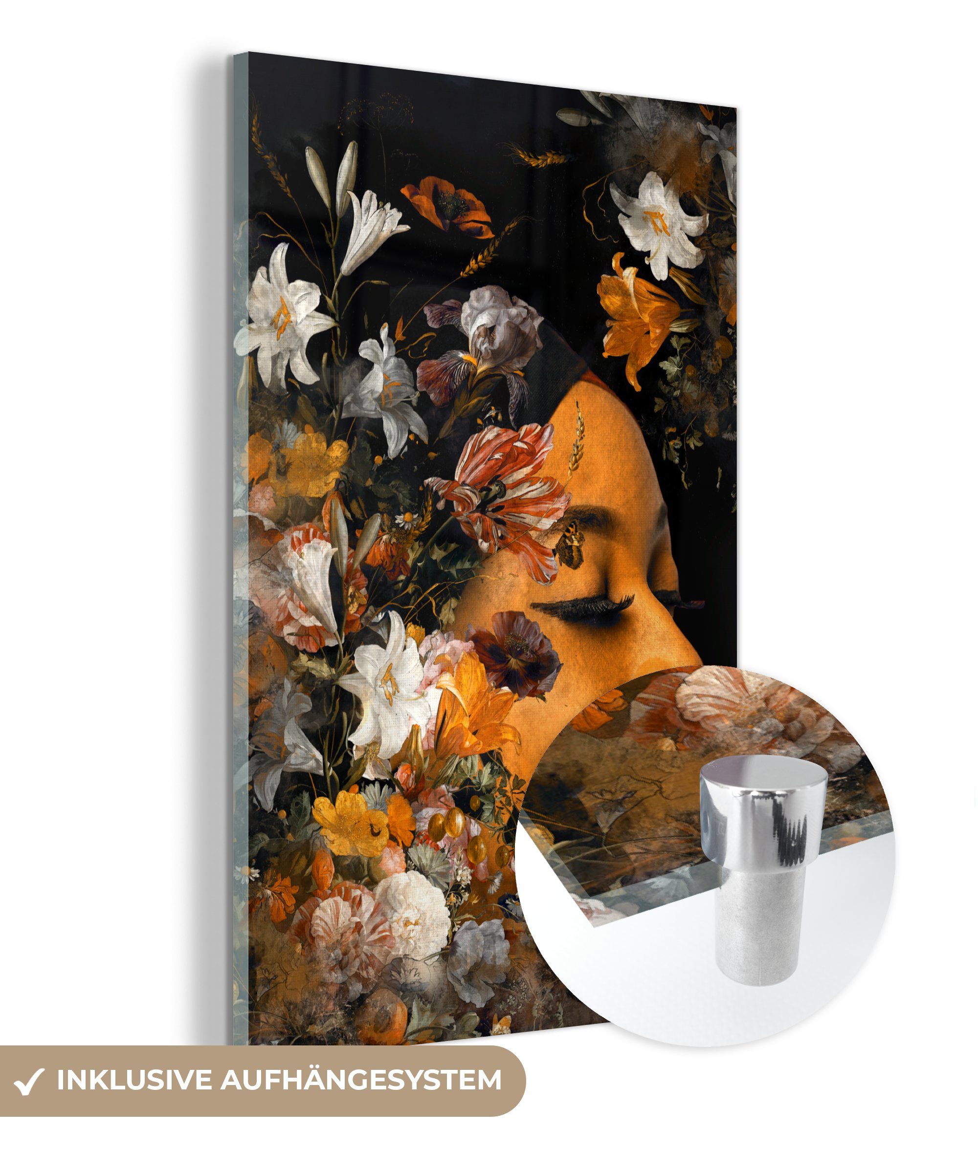 MuchoWow Acrylglasbild Blumen - Frau - Farben, (1 St), Glasbilder - Bilder auf Glas Wandbild - Foto auf Glas - Wanddekoration