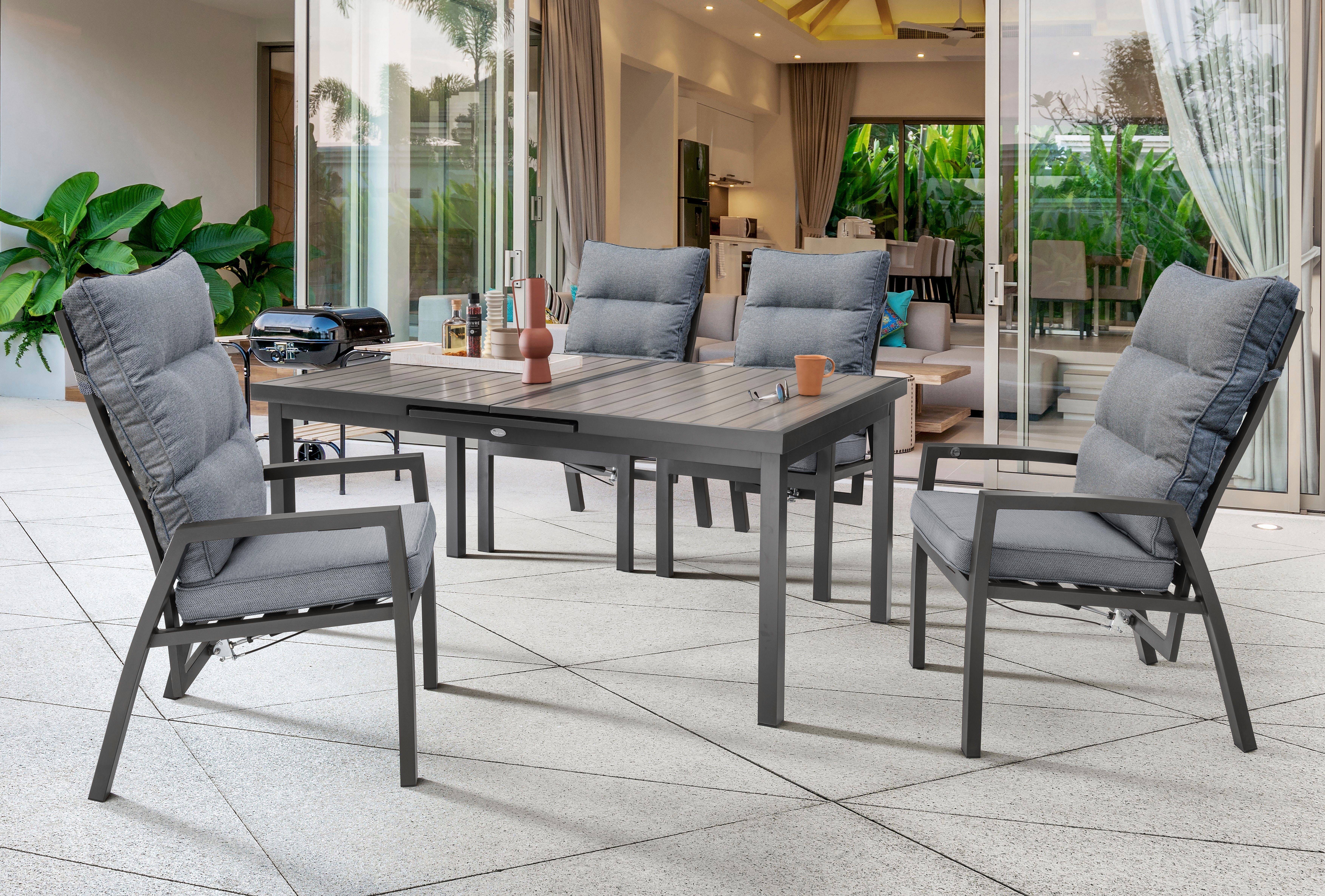 Destiny Garten-Essgruppe GARDA IMOLA, (9-tlg), 4 Hochlehner inkl. Auflagen, 1 Ausziehtisch 165/215x100 cm