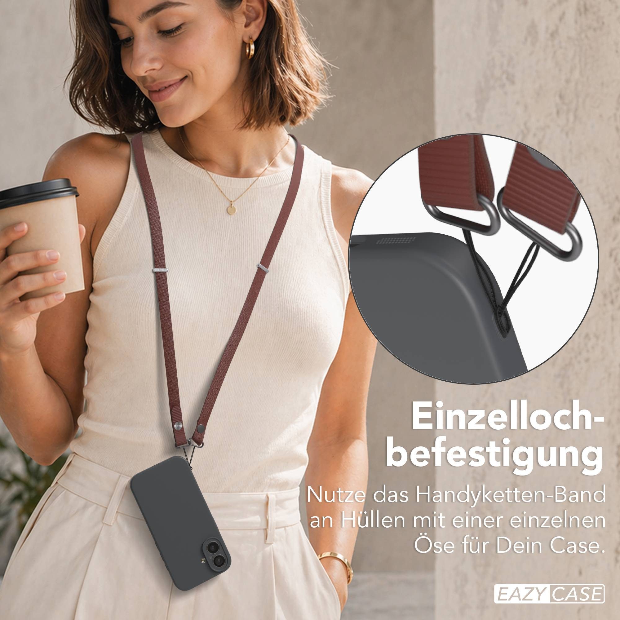 EAZY CASE Schulterriemen Handykette magnetisch Universal für alle Modelle Minimalistisches Umhängeband für Smartphones und Handyhüllen Braun