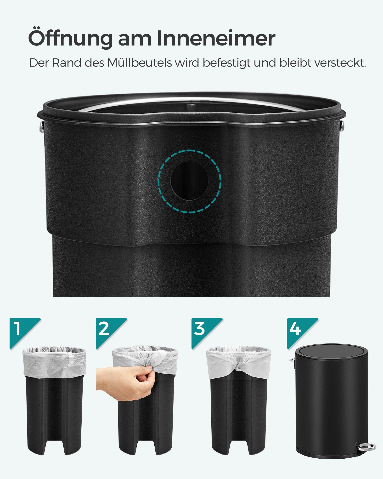 SONGMICS Kosmetikeimer herausnehmbarer Inneneimer aus Kunststoff, für Badezimmer, Mülleimer Bad, Abfalleimer, Softclose, 3 Liter – Bild 5 von 5