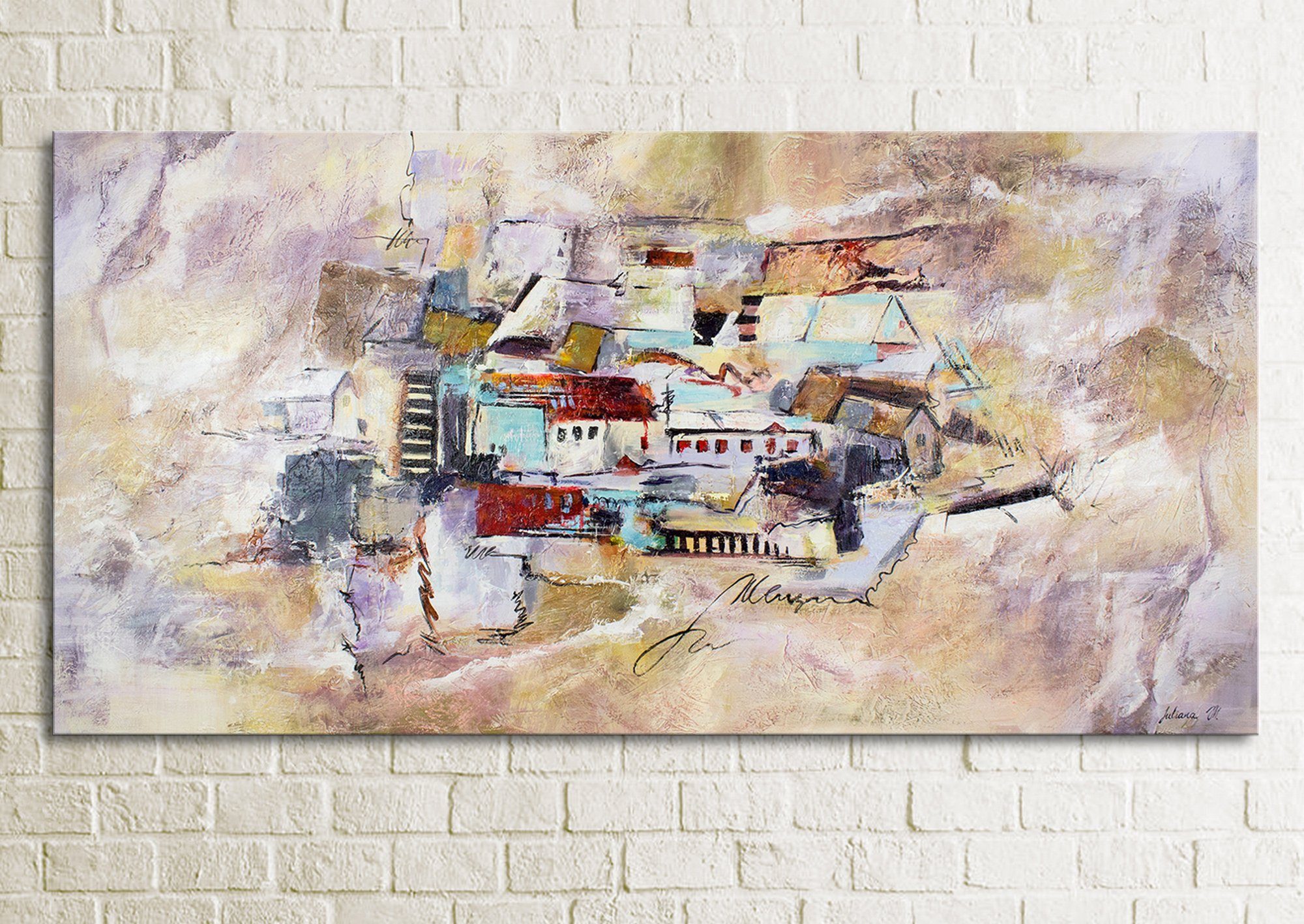 Architektur, Fortschritt, Handgemalt Dorf Haus Bild Bunt Abstrakt YS-Art Leinwand Gemälde