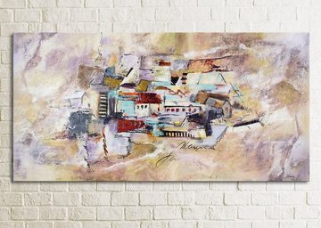 YS-Art Gemälde Fortschritt, Architektur, Leinwand Bild Handgemalt Dorf Haus Bunt Abstrakt