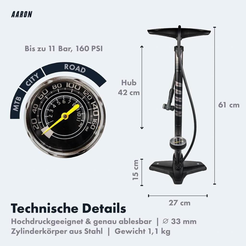 AARON Luftpumpe Sport One Fahrrad-Stand-Pumpe für alle Ventile mit Manometer