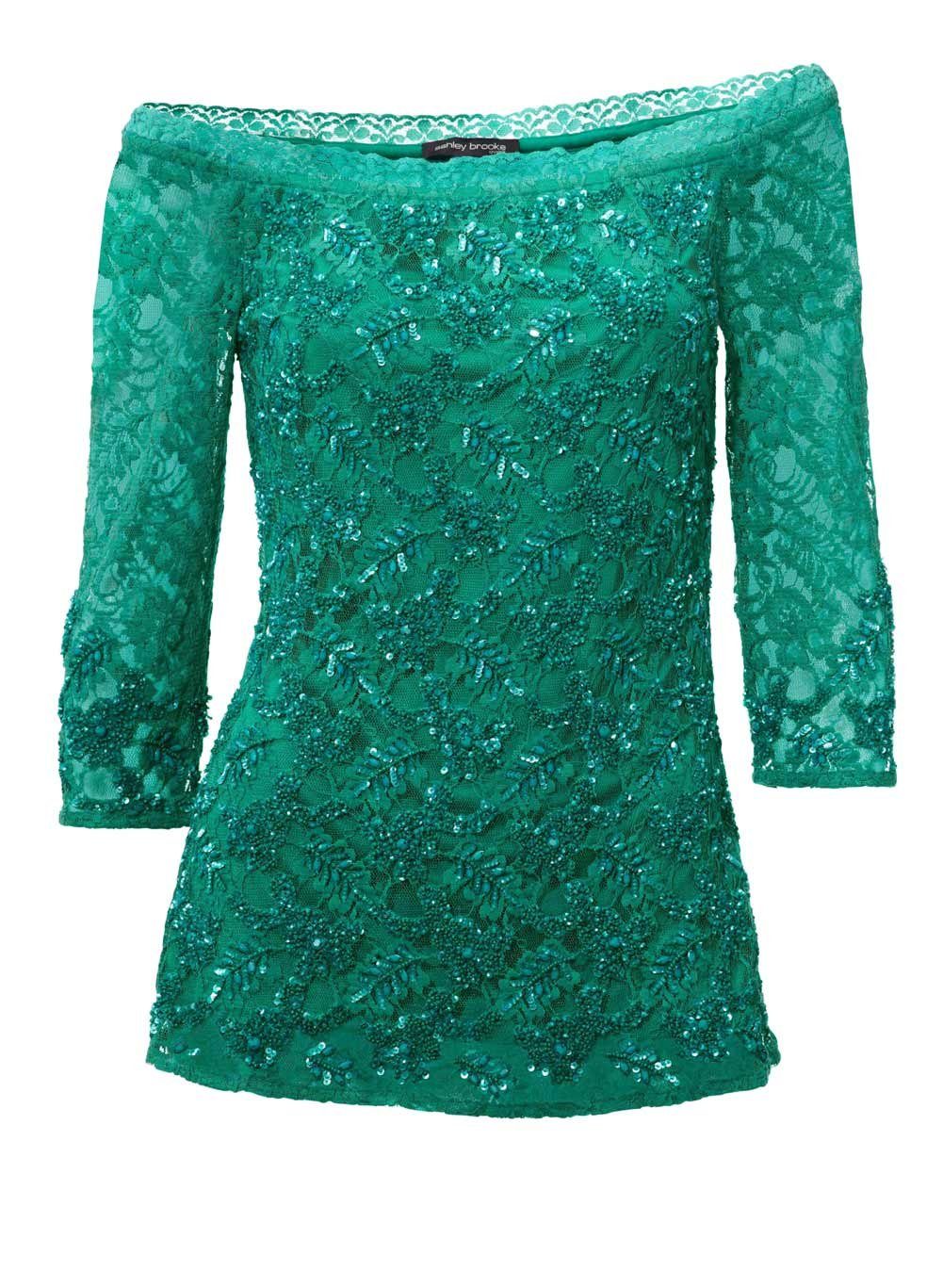 Designer-Spitzenshirt grün Ashley BROOKE by ASHLEY Damen heine m. Brooke Pailletten, Spitzenshirt
