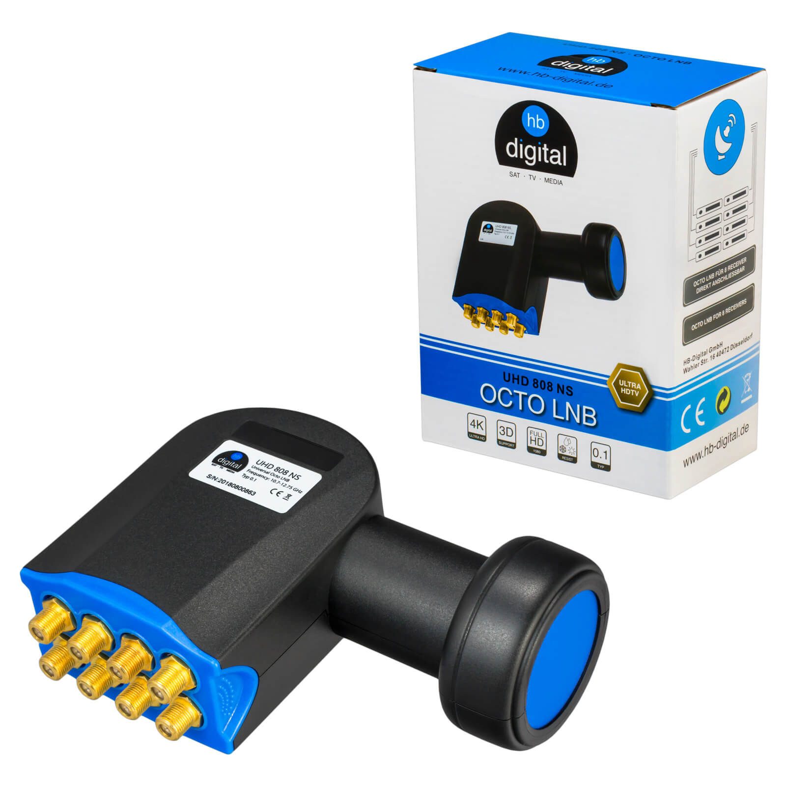 HB-DIGITAL hb-digital LNB Octo UHD 808 NS für 8 Teilnehmer Universal-Single-LNB (für 8 Teilnehmer, Die vergoldeten F-Anschlüsse für noch bessere Signalübertragung)