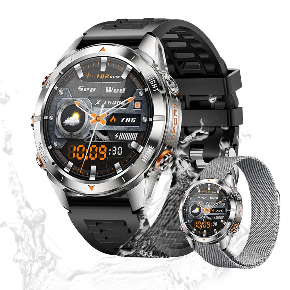 Valdus Herren's Telefonfunktion IPX8-3ATM Wasserdicht Fitness-Tracker Smartwatch (1.46 Zoll, Android/iOS), Stilvolle Fitnessuhr mit Herzfrequenz, Schlafanalyse & Musiksteuerung