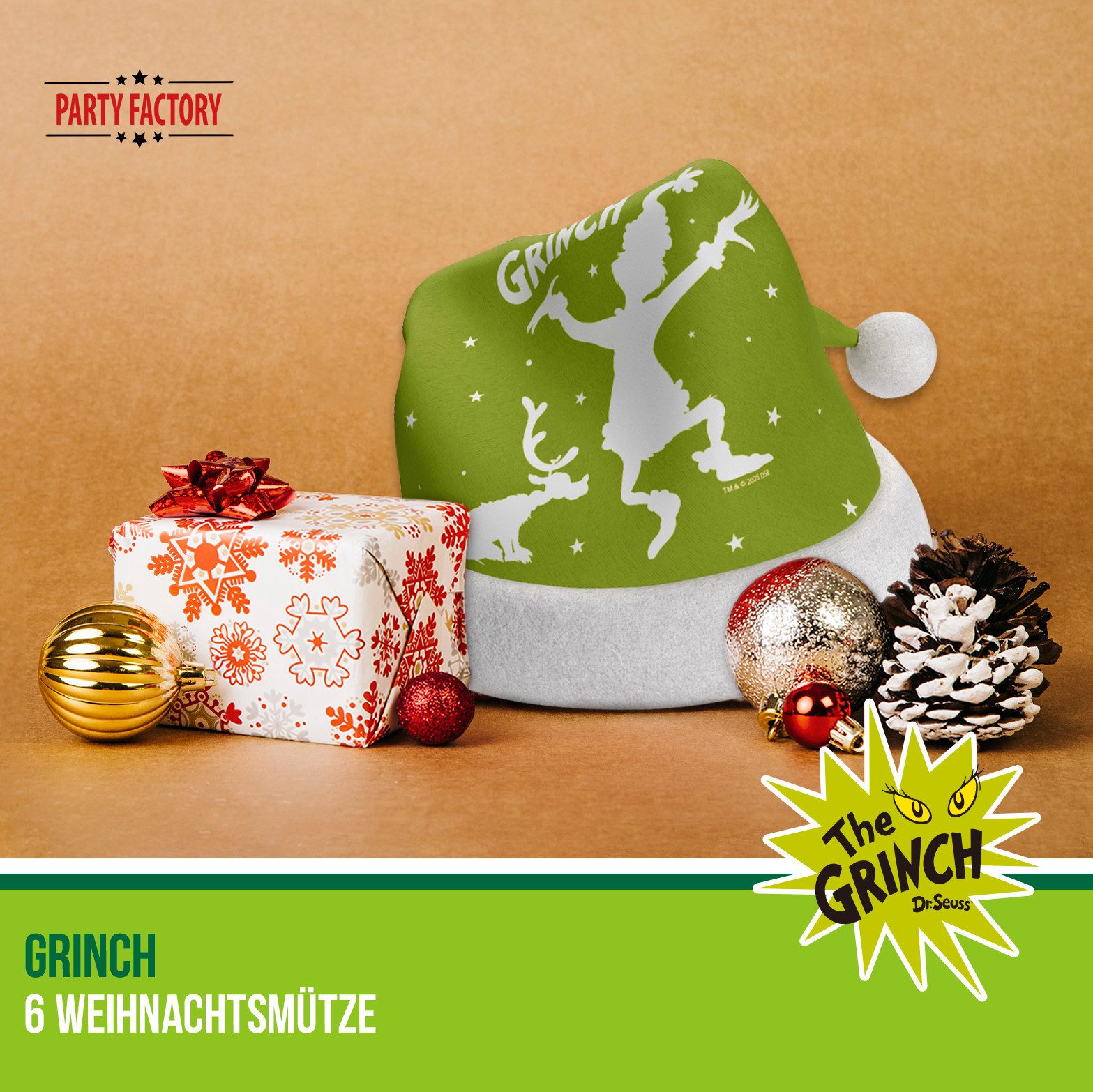 Party Factory Bommelmütze The Grinch Weihnachtsmützen im 6er Pack – festliches Weihnachtsset