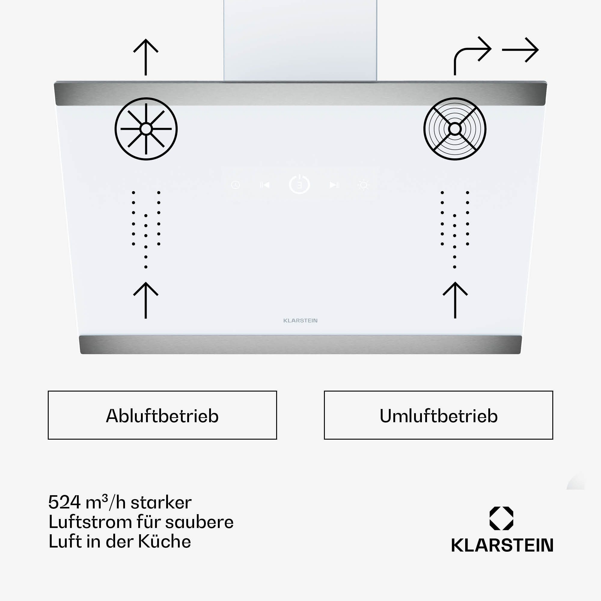 Klarstein Deckenhaube FlashLine Serie FlashLine Dunstabzugshaube A++ 524 m³/h 100W BLDC 3 Stufen Touch LED FlashLine, Abzugshaube Küche Abzughaube Abluft Umluft mit Edelstahl & Kohle