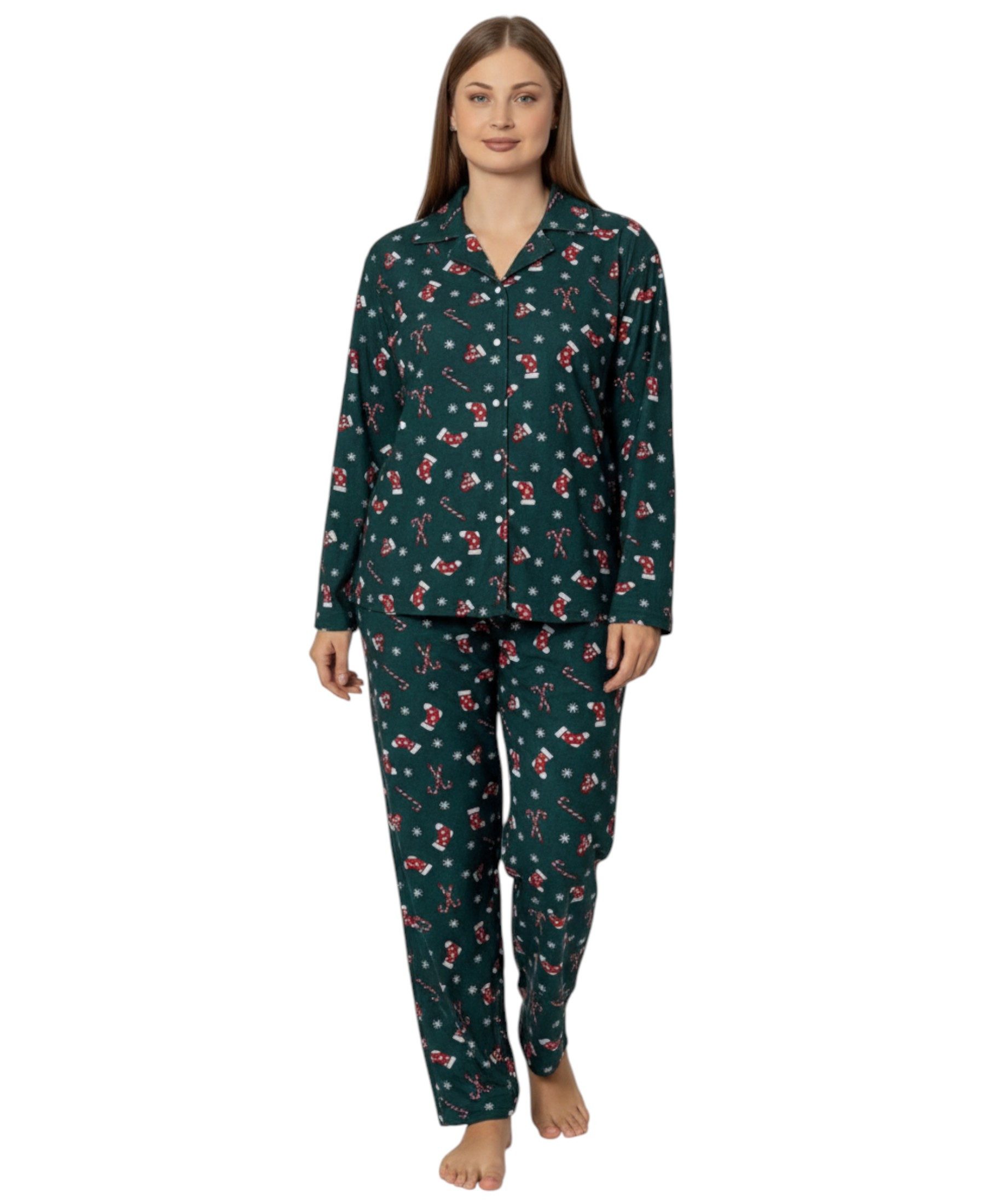 fashionshowcase Pyjama Hausanzug Damen Schlafanzug mit Weihnachtsmotiven, weiches Winter-Set