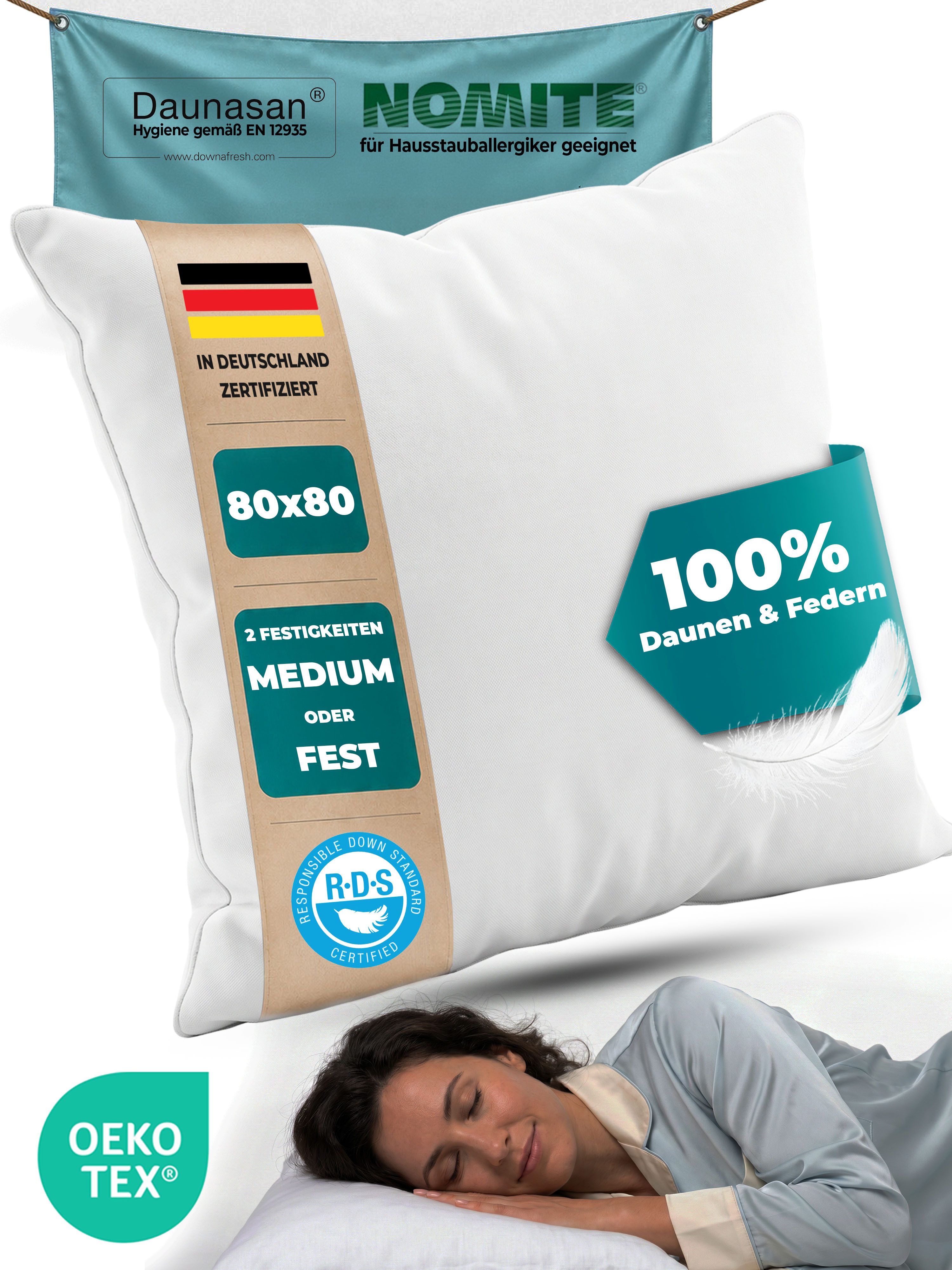 Nachtengel Daunenkissen 3-Kammer Kopfkissen, Federkissen mit 100% Daunen & Federn, Füllung: 100% Daunen & Federn, Bezug: 100% Baumwolle, FEST, 80x80, IN DEUTSCHLAND ZERTIFIZIERT