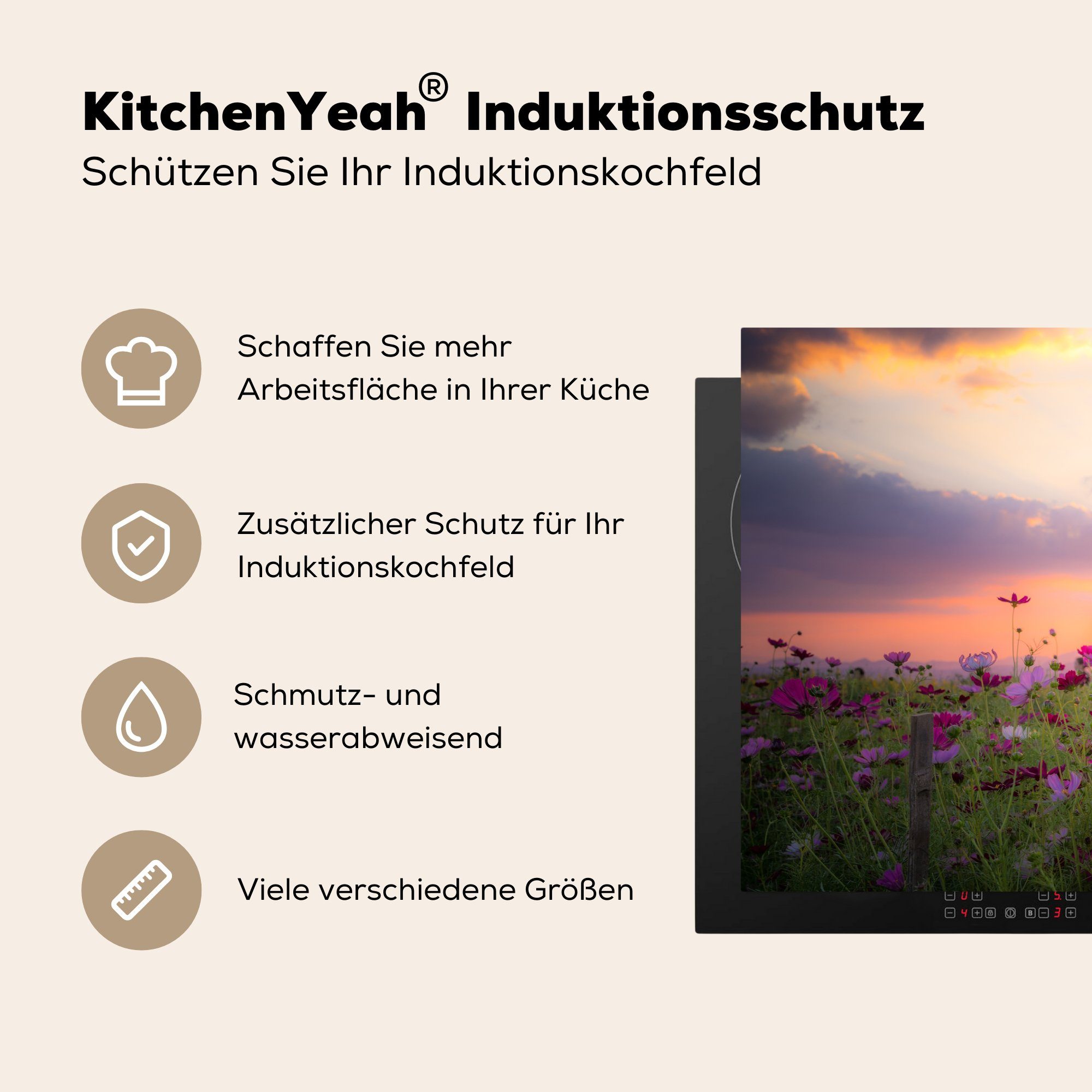 - küche, Horizont, (1 Rosa - Wiese die - - Ceranfeldabdeckung Blumen Natur Sonnenuntergang - Vinyl, Schutz cm, Herdblende-/Abdeckplatte für MuchoWow 81x52 tlg), Induktionskochfeld