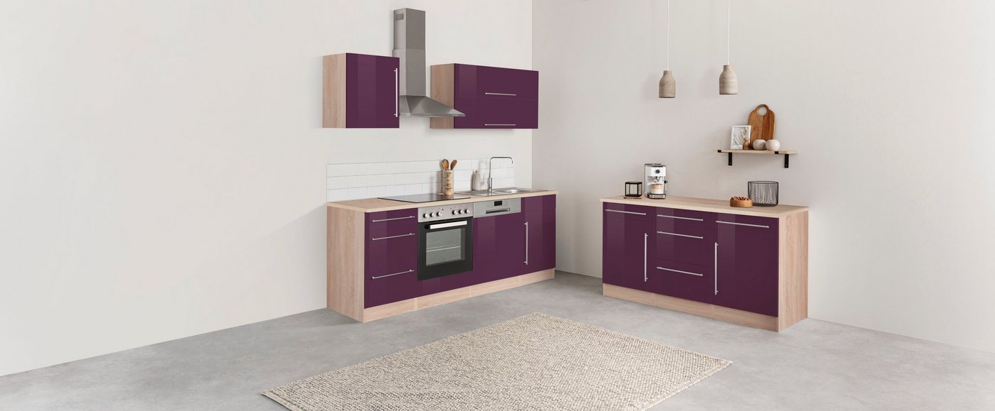 HELD MÖBEL Küchenzeile Samos, mit E-Geräten, Breite 220 cm lila