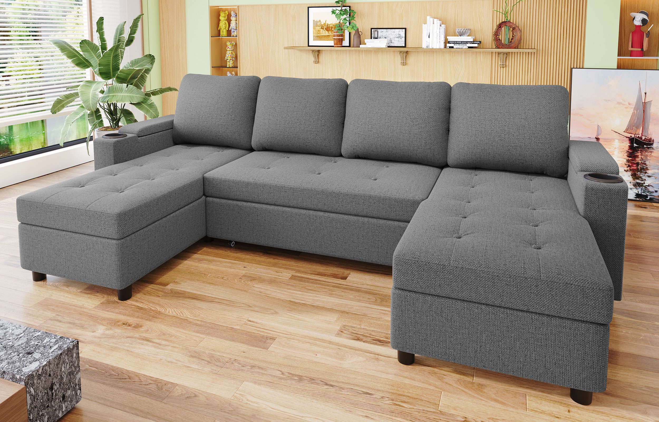 GUNJI Sofa L/U-Sofa mit Schlaffunktion Schlafsofa, Transformationssofa mit Stauraum und Becherhalter - flexibel umkehrbares Layout