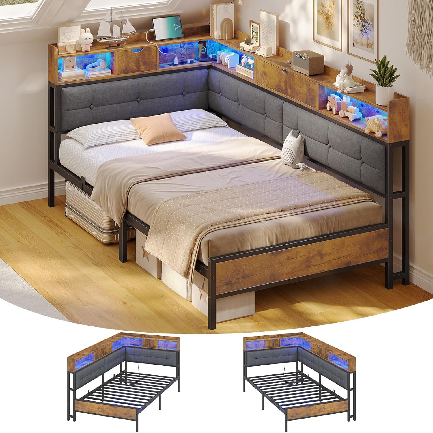 MSMASK Daybett Polsterbett Jugendbett mit LED-Beleuchtung und USB-Ladestation, Bettgestell mit Lattenrost aus Metall, 90 x 200 cm