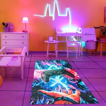 Teppich Gaming-Teppich mit lebendigen neon-farbigen Symbolen und Controller, TeppichHome24, rund