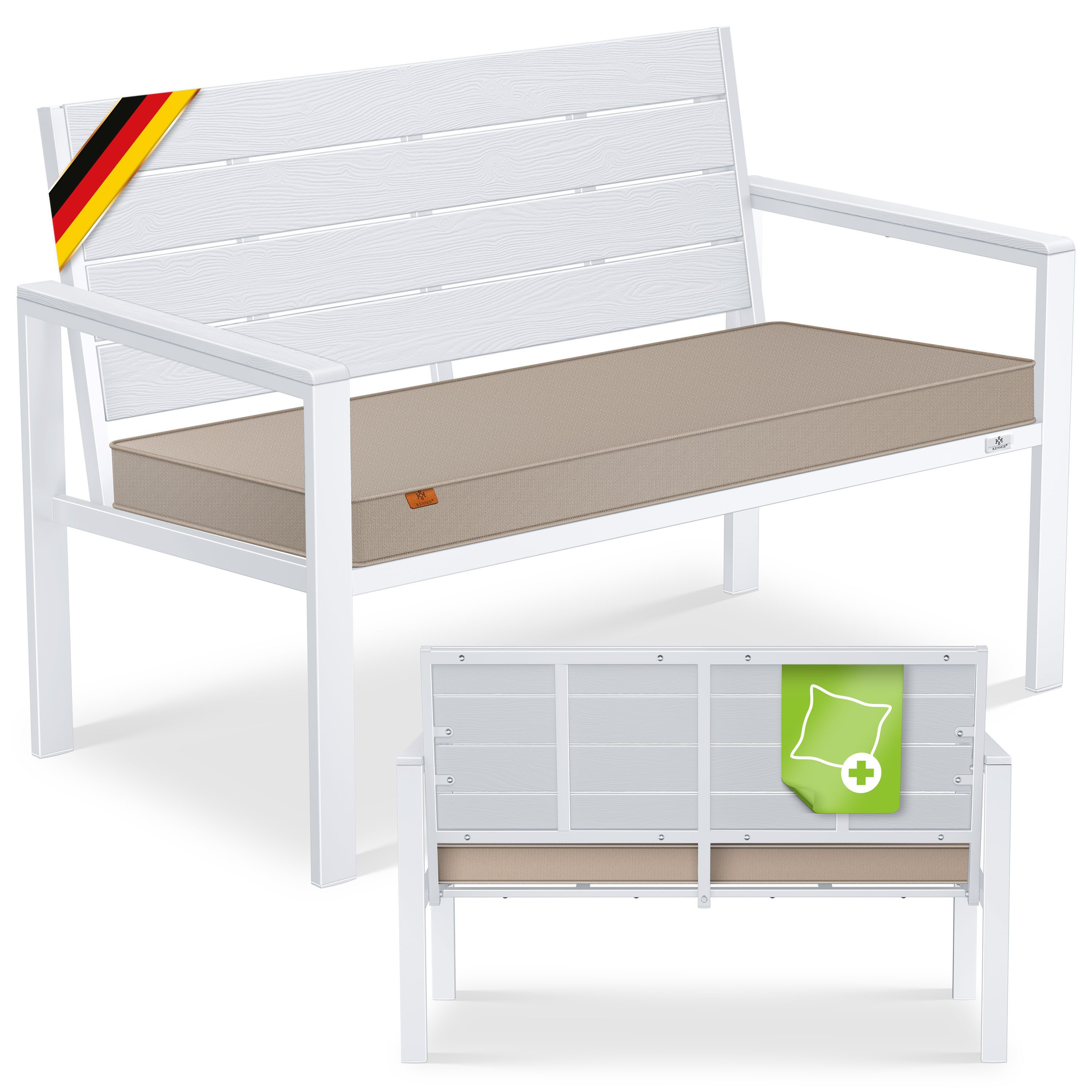 KESSER Gartenbank 2-Sitzer Balkonbank in Holzoptik bis 300 kg belastbar (Parkbank inkl. abnehmbarem & waschbarem Sitzpolster & Montagezubehör), UV-beständige Sitzbank für Garten, Terrasse & Balkon