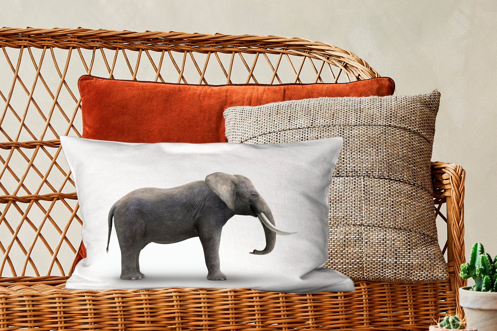Dekokissen MuchoWow Hintergrund, Zierkissen, mit auf Füllung, Dekoration, Wohzimmer Schlafzimmer Elefant Dekokissen weißem