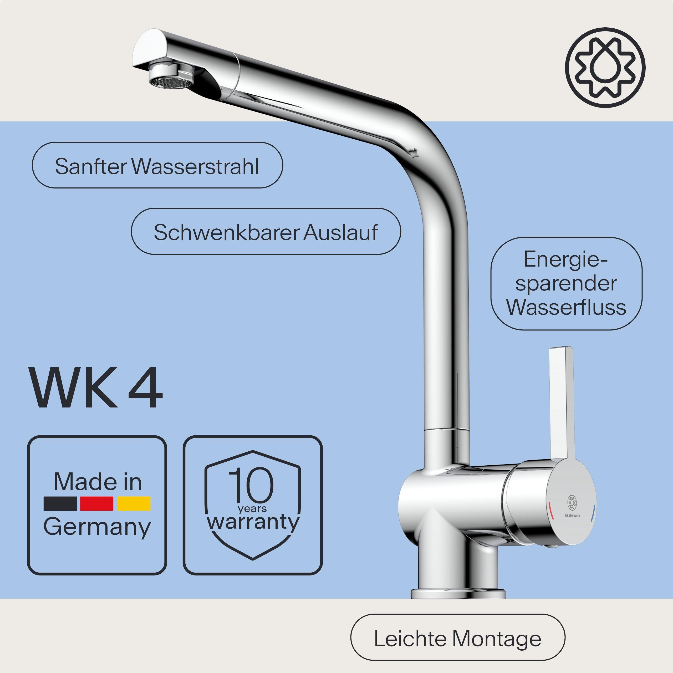 WASSERWERK Spültischarmatur WK 4, Wasserhahn, Küche, Einhebelmischer 360° schwenkbar, Cold-Start-Funkt., geräuscharm